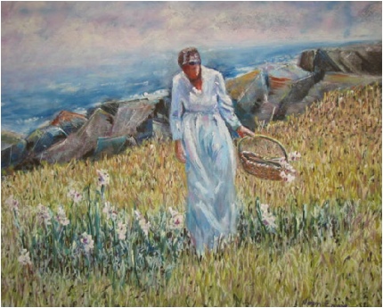 Woman Picking Flowers - Painting by Norman Enzor